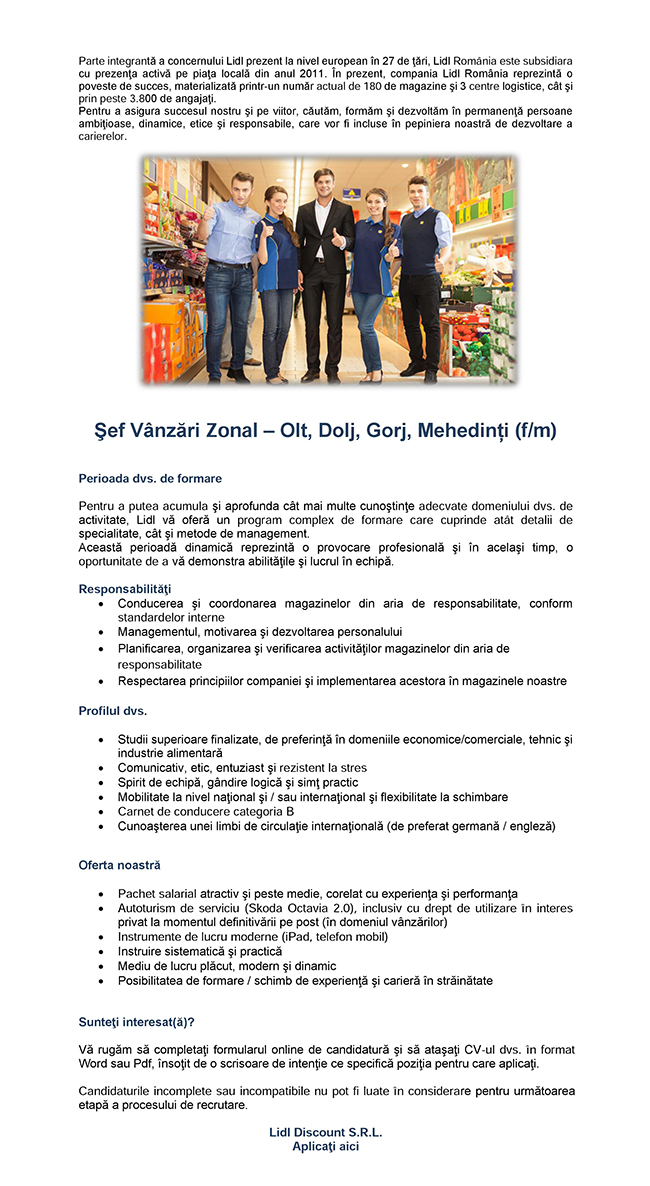 Sef Vanzări Zonal Olt Dolj Gorj Mehedinți F M Lidl Romania